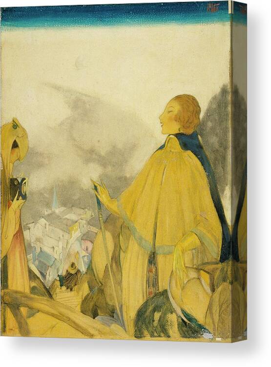 Fashion Canvas Print featuring the digital art A Woman Posing Overlooking A Village by Henry R. Sutter