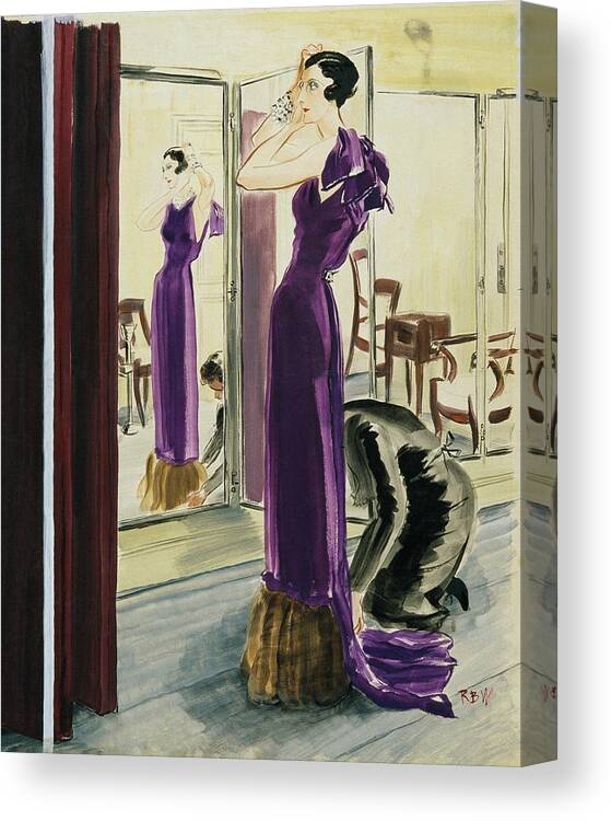 Illustration Canvas Print featuring the digital art A Woman Wearing A Purple Augustabernard Evening by Rene Bouet-Willaumez