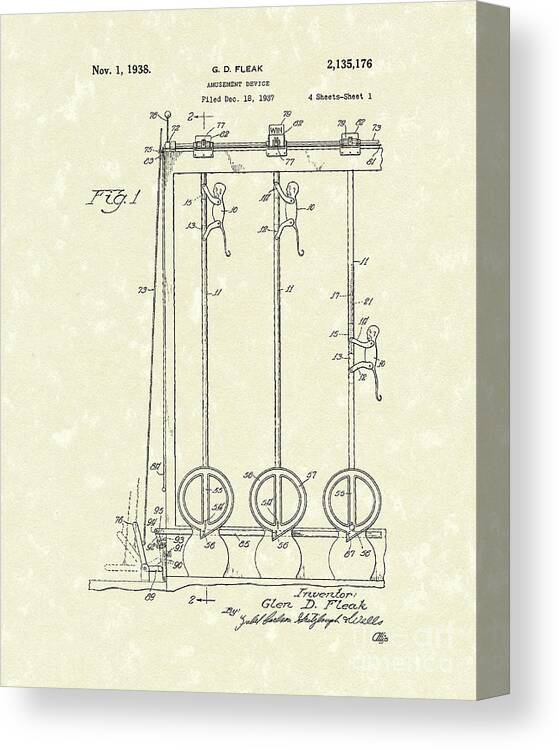 Fleak Canvas Print featuring the drawing Amusement Device 1938 Patent Art by Prior Art Design