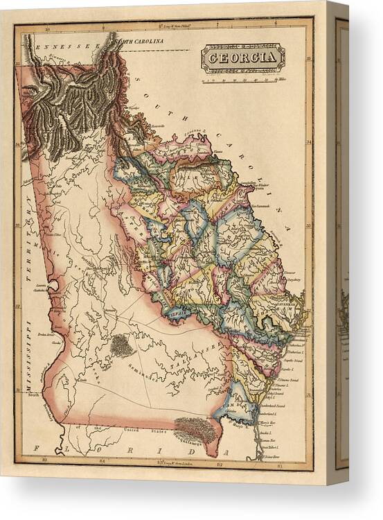 Georgia Canvas Print featuring the drawing Antique Map of Georgia by Fielding Lucas - circa 1817 by Blue Monocle