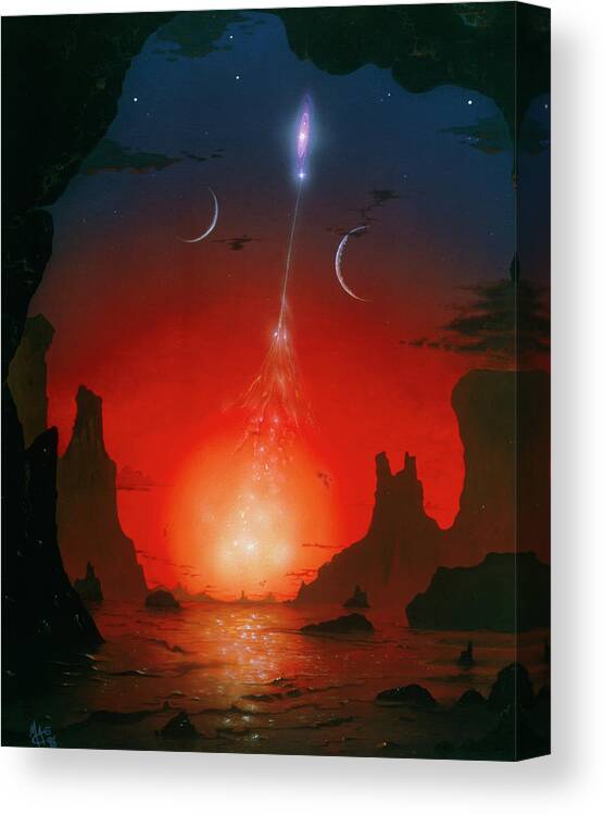 Cataclysmic Binary Star Canvas Print featuring the photograph Artwork Of Binary Star System Seen From Planet by Mark Garlick/science Photo Library