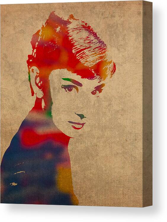 Audrey Hepburn Actress Watercolor Portrait On Worn Distressed Canvas Canvas Print featuring the mixed media Audrey Hepburn Watercolor Portrait on Worn Distressed Canvas by Design Turnpike