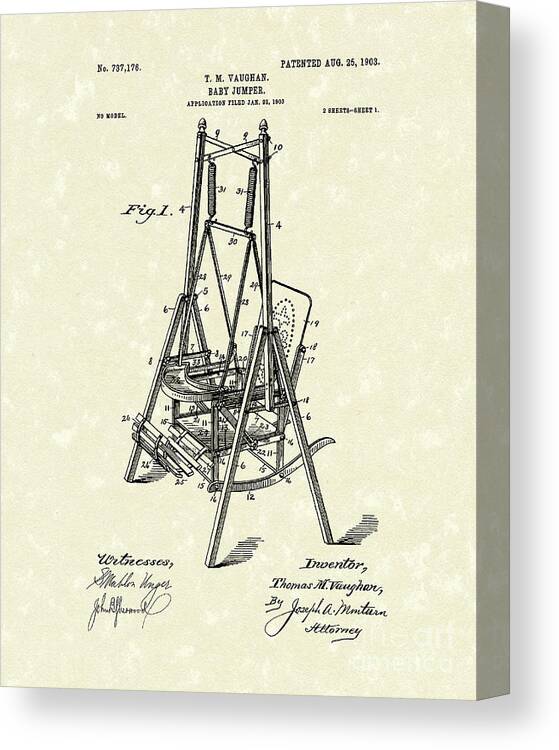Vaughn Canvas Print featuring the drawing Baby Jumper 1903 Patent Art by Prior Art Design
