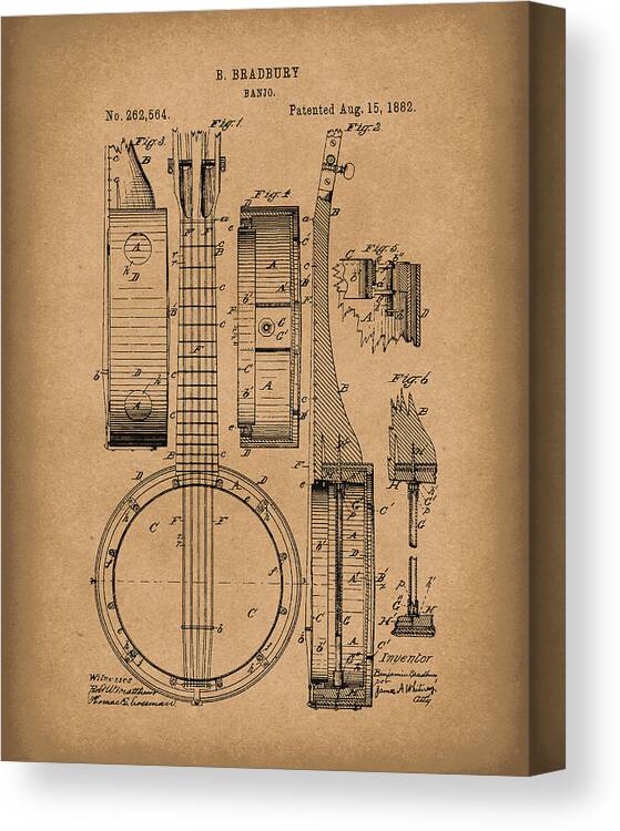 Bradbury Canvas Print featuring the drawing Banjo 1882 Patent Art Brown by Prior Art Design