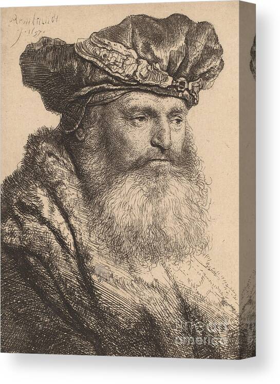 Rembrandt Harmenszoon Van Rijn Canvas Print featuring the drawing Bearded Man in a Velvet Cap with a Jewel Clasp by Rembrandt