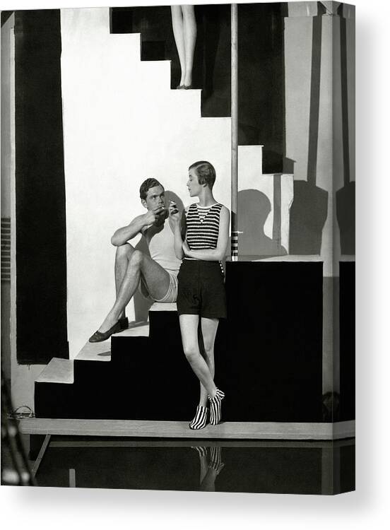 Accessories Canvas Print featuring the photograph Bettina Jones Posing With A Male Model by George Hoyningen-Huene