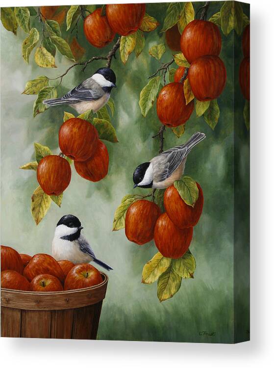 Birds Canvas Print featuring the painting Bird Painting - Apple Harvest Chickadees by Crista Forest