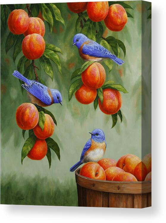Birds Canvas Print featuring the painting Bird Painting - Bluebirds and Peaches by Crista Forest