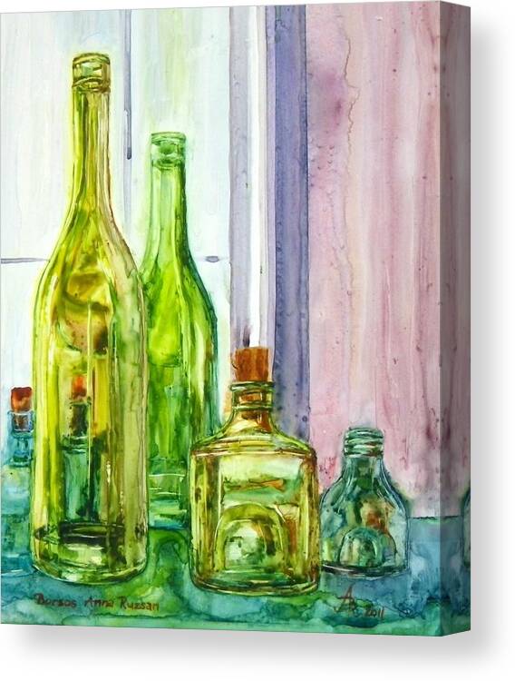 Bottle Canvas Print featuring the painting Bottles - Shades of Green by Anna Ruzsan