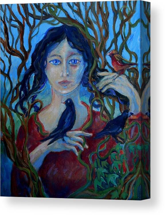 Birds Canvas Print featuring the painting Cassandra and the birds by Trudi Doyle