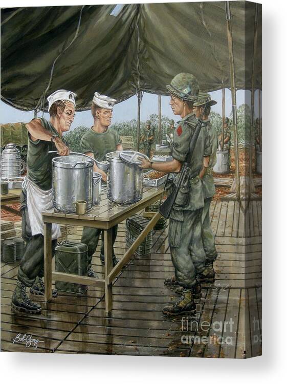 Combat Art Canvas Print featuring the painting Chow Time On The DMZ by Bob George