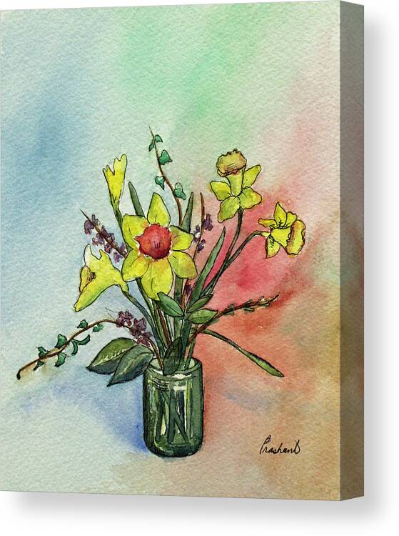 Daffodil Canvas Print featuring the painting Colorful Daffodil Flowers In a Vase by Prashant Shah