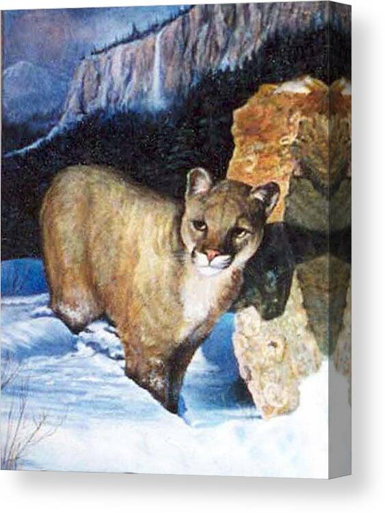 Cat Canvas Print featuring the painting Cougar in snow by Donna Tucker