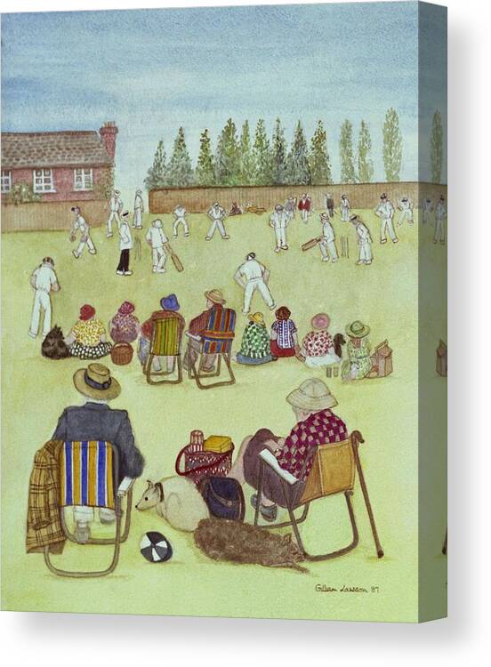 Cricket Canvas Print featuring the photograph Cricket On The Green, 1987 Watercolour On Paper by Gillian Lawson