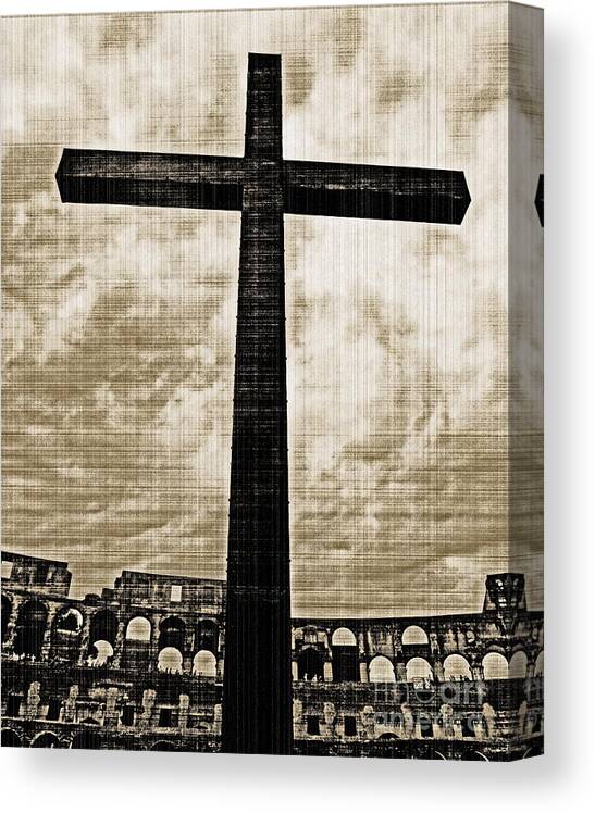 Cross Canvas Print featuring the photograph Cross Colosseum Rome - old photo effect by Cheryl Del Toro