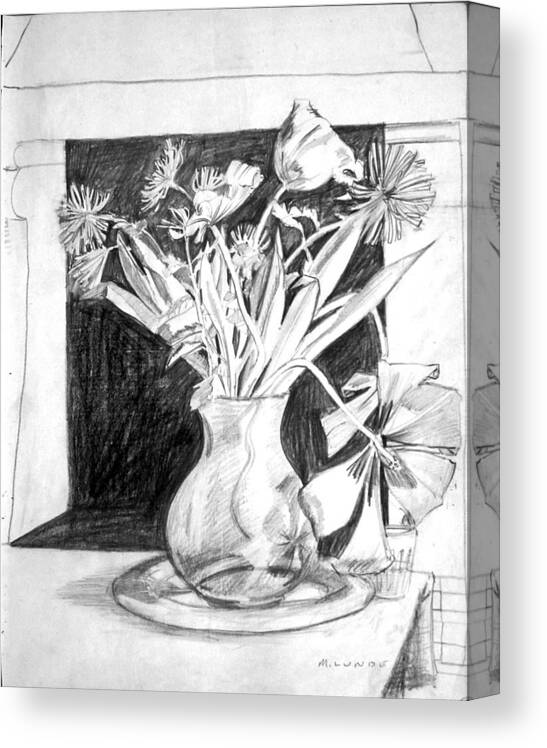 Floral Drawing Canvas Print featuring the drawing Cut Flowers and fireplace by Mark Lunde