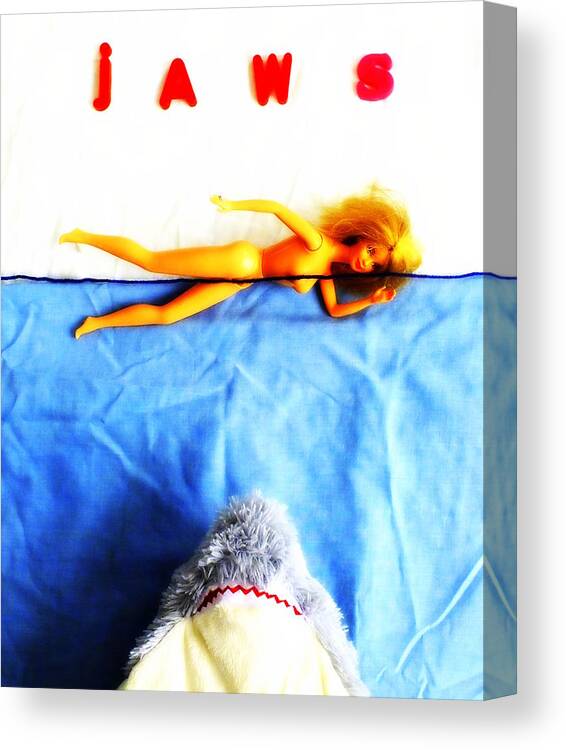 Jaws Shark Great White Barbie Toy Pillow Pet Bigger Boat Blood Water Spielberg Movie Horror Fish Sea Quint Canvas Print featuring the photograph Da dum...da dum... by Guy Pettingell