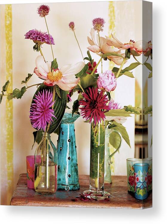 Flowers Canvas Print featuring the photograph Dahlias And Peonies In Majolica Vases by James Merrell