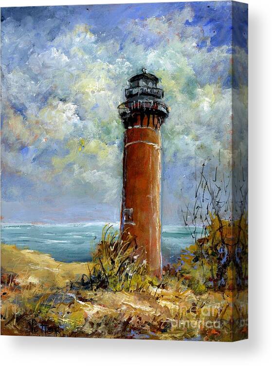Lighthouse Canvas Print featuring the painting Little Au Sable Point Lighthouse Michigan by Virginia Potter