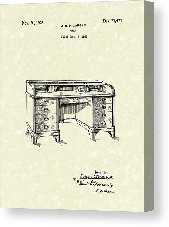 Mccargar Canvas Print featuring the drawing Desk 1926 Patent Art by Prior Art Design