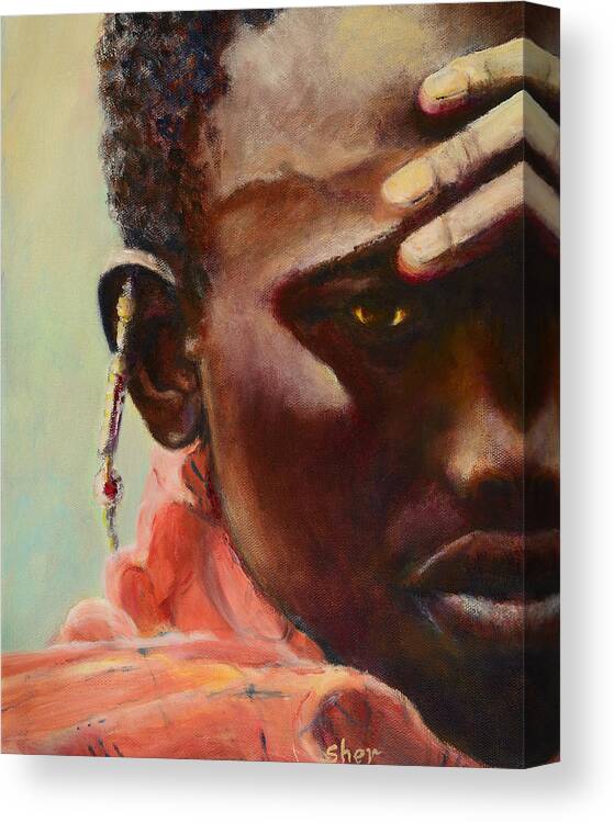Portrait Of A Maasai Warrior Canvas Print featuring the painting Dignity Maasai Warrior by Sher Nasser Artist