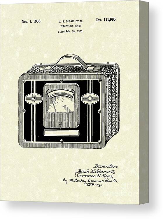 Mead Canvas Print featuring the drawing Electrical Meter 1938 Patent Art by Prior Art Design