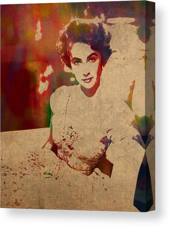 Elizabeth Taylor Canvas Print featuring the mixed media Elizabeth Taylor Watercolor Portrait on Worn Distressed Canvas by Design Turnpike