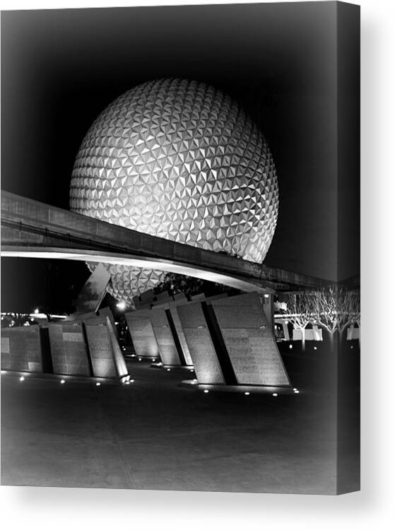 Epcot Canvas Print featuring the photograph Epcot Glow BW by Jenny Hudson