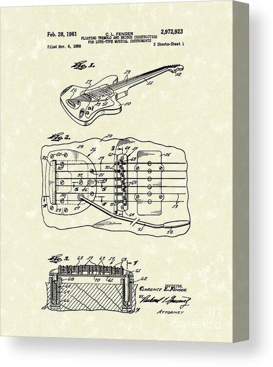 Fender Canvas Print featuring the drawing Fender Floating Tremolo 1961 Patent Art by Prior Art Design