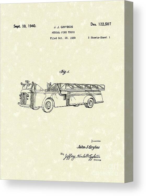 Grybos Canvas Print featuring the drawing Fire Truck 1940 Patent Art by Prior Art Design