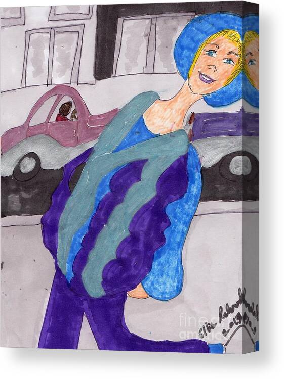 Model In Purple And Blue Jacket Canvas Print featuring the mixed media First Day in New York by Elinor Helen Rakowski