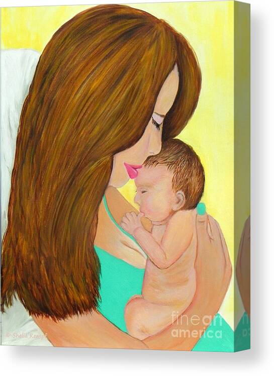 Mothers Day Special Canvas Print featuring the painting First Kiss- Mother and Newborn Baby by Shelia Kempf