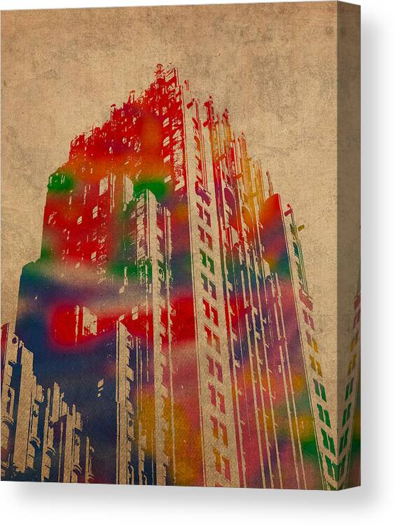 Fisher Canvas Print featuring the mixed media Fisher Building Iconic Buildings of Detroit Watercolor on Worn Canvas Series Number 4 by Design Turnpike