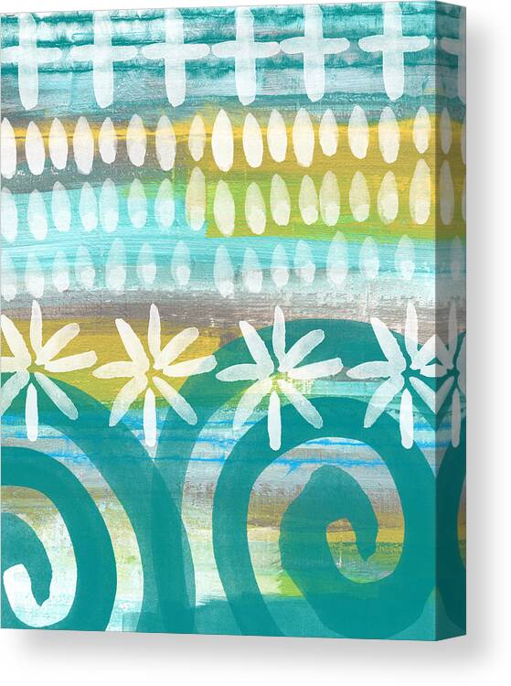 Blue And Yellow Painting Canvas Print featuring the painting Flowers and Waves- abstract pattern painting by Linda Woods