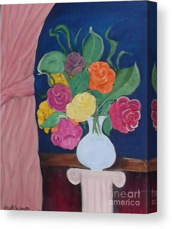 Flowers Vase Curtain Canvas Print featuring the painting Flowers For Madear by Mildred Chatman