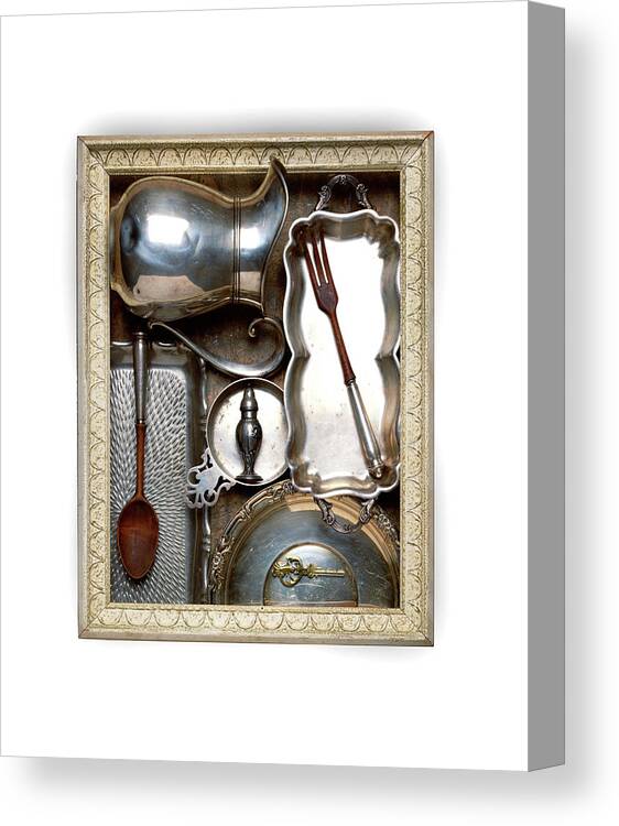 White Background Canvas Print featuring the photograph Frame With Vintage Silver Kitchen Items by Jonathan Kantor