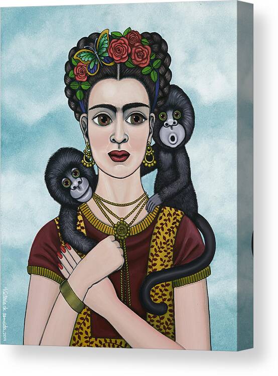 Frida Kahlo Canvas Print featuring the painting Frida In The Sky by Victoria De Almeida