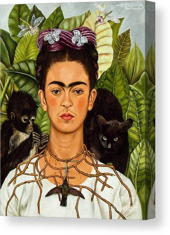 Pd Canvas Print featuring the painting Frida Kahlo - thorn necklace and hummingbird by Thea Recuerdo