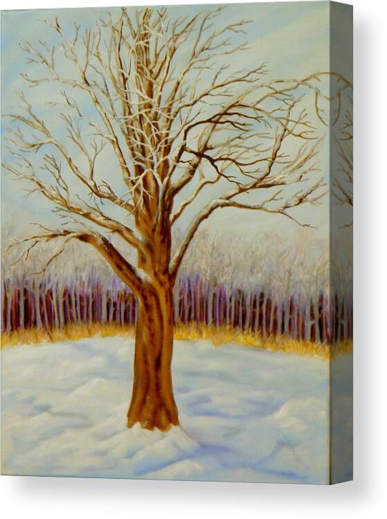 Tree Forest Oak Branches Grasses Frost Clouds Sky Snow Shadow Light Brown Yellow Blue Purple White Canvas Print featuring the painting Frosty Morning by Ida Eriksen