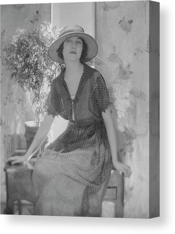 Fashion Canvas Print featuring the photograph Genevieve Tobin In A Swiss Style Dress by Adolphe De Meyer