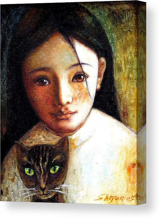 Portrait Canvas Print featuring the painting Girl with Cat by Shijun Munns