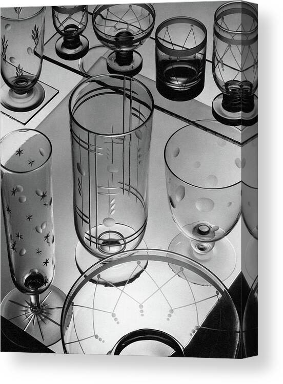 Home Accessories Canvas Print featuring the photograph Glasses And Crystal Vases By Walter D Teague by The 3