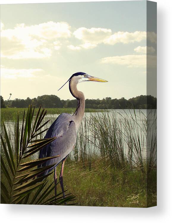  Spadecaller Canvas Print featuring the digital art Great Blue Heron in the Bulrushes by M Spadecaller