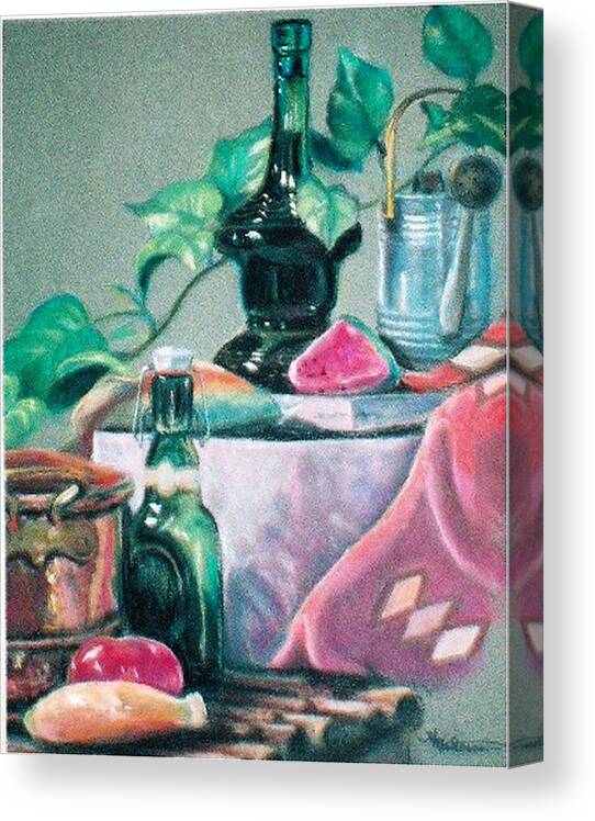 Still Life Painting Canvas Print featuring the pastel Green Bottles and Copper by Harriett Masterson