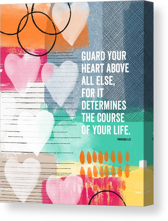 Proverbs Canvas Print featuring the mixed media Guard Your Heart- contemporary scripture art by Linda Woods