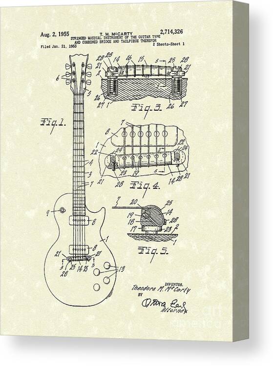 Mccarty Canvas Print featuring the drawing Guitar 1955 Patent Art by Prior Art Design