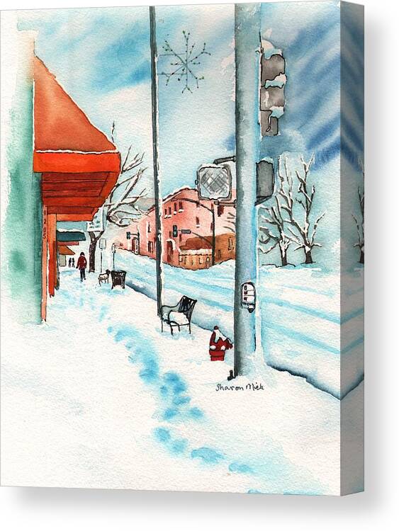 Gurley Street Prescott Arizona On A Cold Winters Day Canvas Print featuring the painting Gurley Street Prescott Arizona On a Cold Winters Day Western Town by Sharon Mick