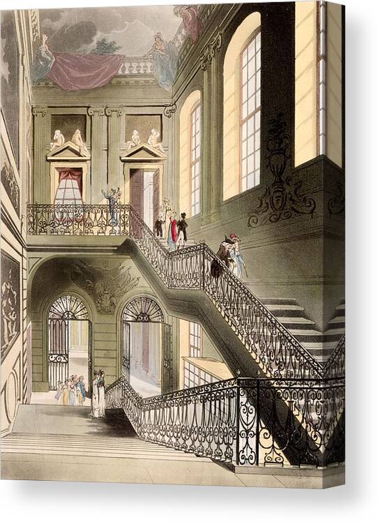 Hall And Staircase Canvas Print featuring the drawing Hall And Staircase At The British by T. & Pugin, A.C. Rowlandson