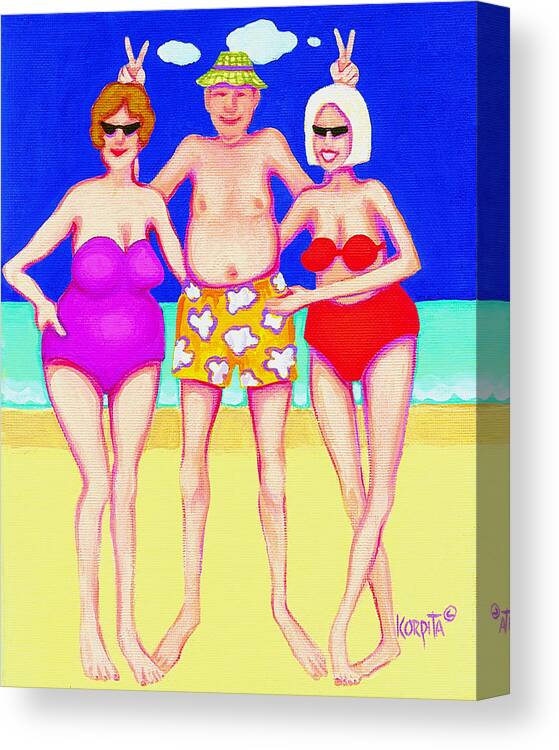 Funny Beach Canvas Print featuring the painting Funny Beach Women Man by Rebecca Korpita