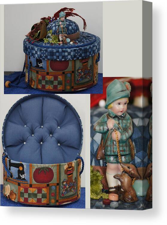 Blue Canvas Print featuring the ceramic art Hunter Boy and Dog Sewing Box by Shirley Heyn